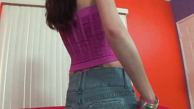 Hailey in tight purple tube top and jeans, thick ass from behind POV