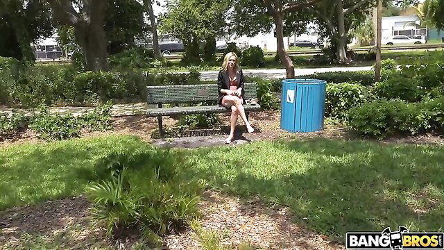Lindsey Lakes sits on park bench in dress flashing pussy outdoors