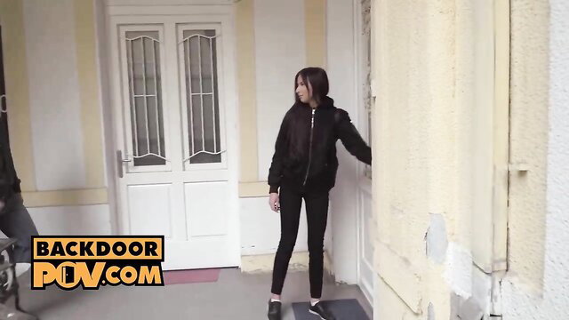 Selena Mur in black jacket and leggings at door, Backdoor POV