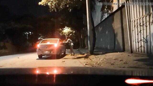 Latin street hooker bends over car for public lechery fuck at night