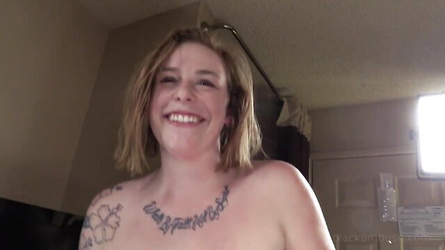 Nude Yuliana smiling topless with chest tattoos in BlackAmbush scene
