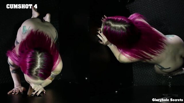 Lady Laz pink-haired tattooed babe kneels for gloryhole cumshot facials