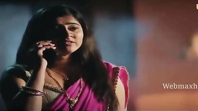 Indian beauty in pink saree and blouse on phone, Ullu series Dil to Bachha hai
