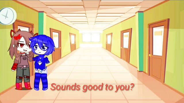 Futa teacher with red demon girl in school hallway asks 'Sounds good to you?'