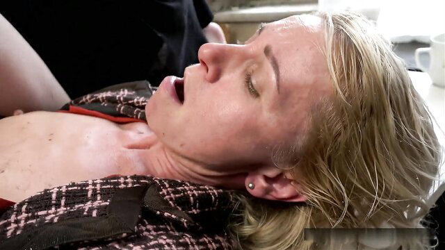 Blonde milf passed out on table, neck gripped in twisted family foot fetish scene