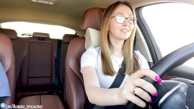Sasha Paradise blonde stepmom driving car, tight white top
