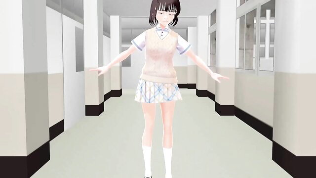 Anime babe in school uniform poses seductively in hallway, strips to underwear