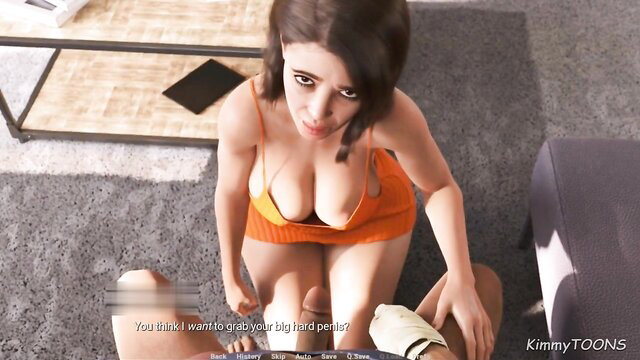Brunette MILF in orange dress grabs big cock POV for neighbor