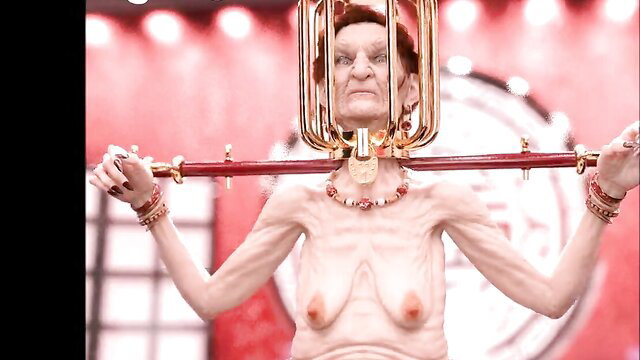 Skinny old granny in BDSM cage head harness poses nude