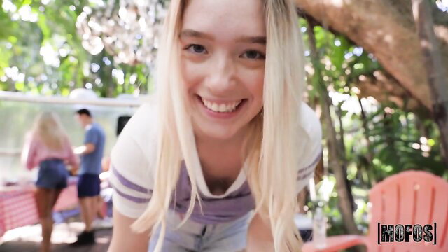 Juliette Mint smiling in outdoor POV at Mofos beach party