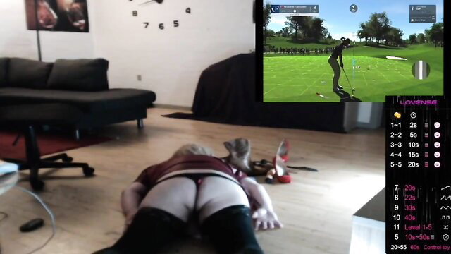 Wicki von Trannyston blonde tgirl lies ass up in stockings, LUSH controlled