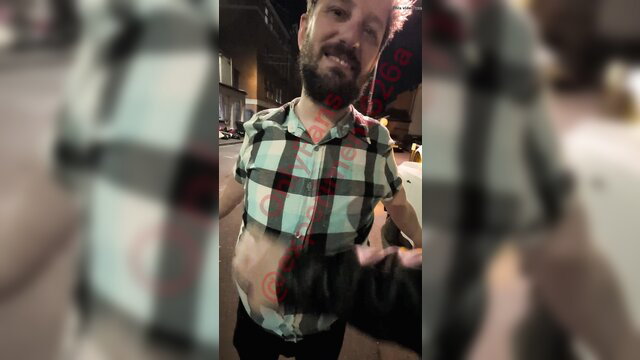 Bearded toy boy in checkered shirt exposes hairy belly in Toy Boy Belly Balloon