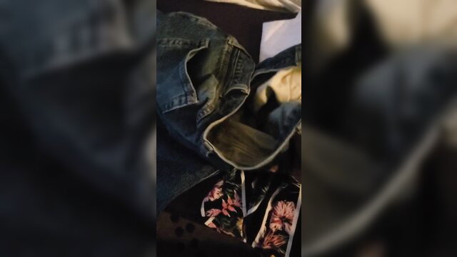 Thief watches wife ride dildo in jeans, floral sneakers tease
