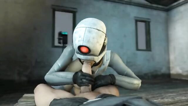 SFM Core kneeling fellatio on man, robot suit blowjob closeup