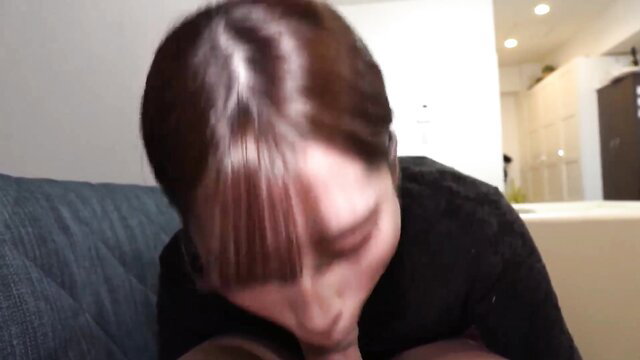 Kinky Japanese girl with bangs kneels for horny blowjob