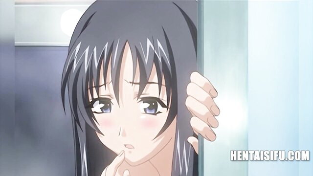 Dark-haired hentai anime girl peeking nervously from door in adult scene