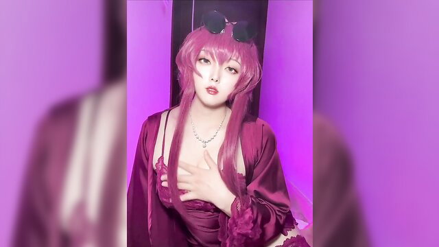 Mikomi Hokina pink-haired cosplay in silky purple robe, seductive pose