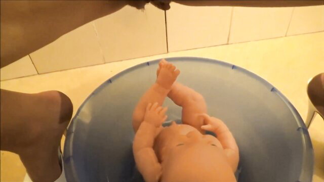 Step mommy bathes baby doll in taboo son playtime fetish scene
