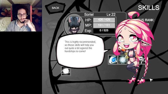 TheHentaiGiocatore's pink-haired elf Sorel LV22 skills screen in Crimson Keep hentai game