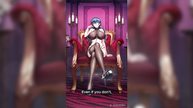 Asagi Igawa Taimanin in revealing dress on throne, huge tits exposed