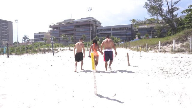 Karina Rose beach walk with two hot shirtless guys in swimsuits