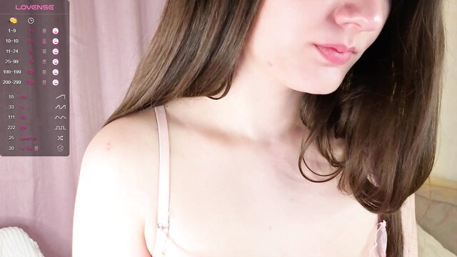 17ths teen camgirl in pink lingerie closeup, big boobs tease