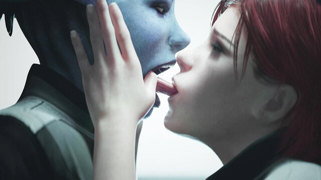Shepard kisses blue-skinned Liara T'Soni passionately, Mass Effect lesbian scene