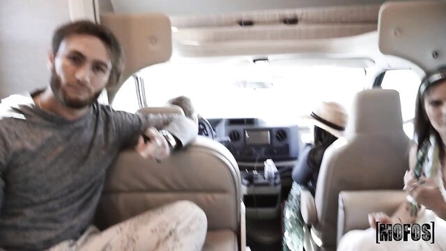 Lila Love in van with friends on festival road trip, Mofos
