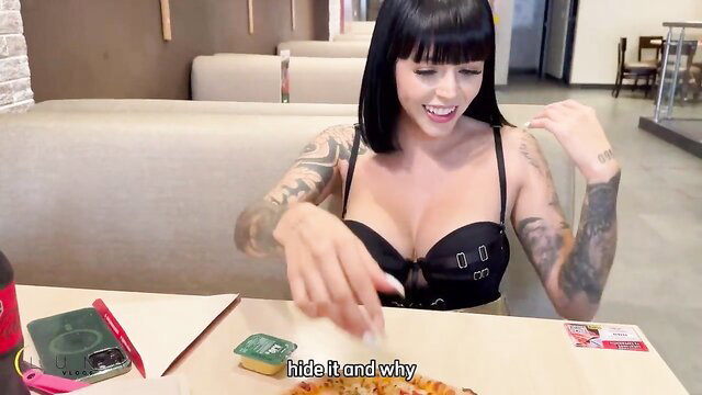 Luna Vitaler in black lingerie showing huge tits at restaurant table