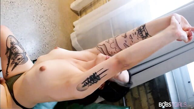 Tattooed trans babe Sophisticated squeeze anal pose, nude tats bobs tgirls