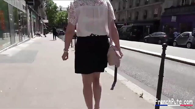 53yo French MILF in lace top & mini skirt walks street upskirt tease