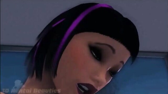 Closeup of sexy shemale hentai babe with purple-streaked black bob haircut