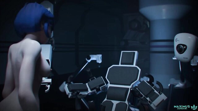 Nude blue-haired futanari girl with robotic sex machine in sci-fi lab