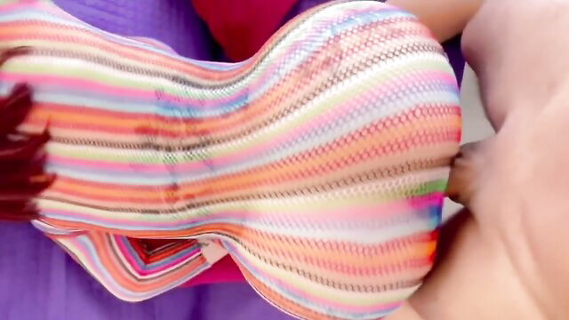 Kate Jenn's huge ass in colorful striped bodysuit pounded doggy POV
