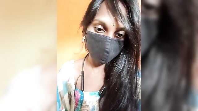 Meghana-telugu Indian beauty in mask, saree blouse, long hair selfie