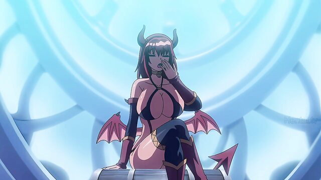 Seductive purple-haired demon girl with horns and wings in skimpy black lingerie