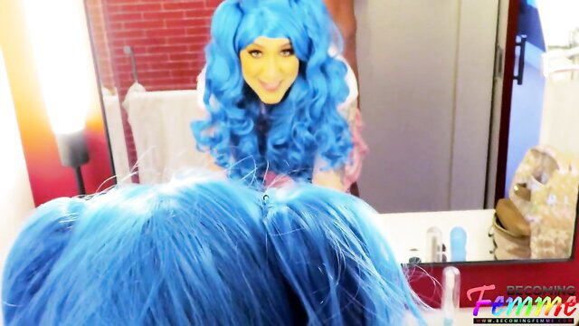 Blue wig femme Mya Nine POV BTS bathroom tease