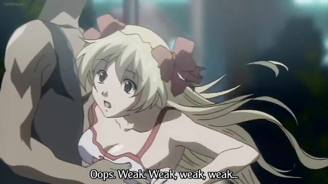 Blonde anime girl in bikini held from behind, oops weak weak text overlay