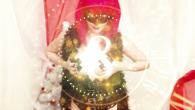 Redhead MILF in furry lingerie holds glowing orb, wishes Happy New Year