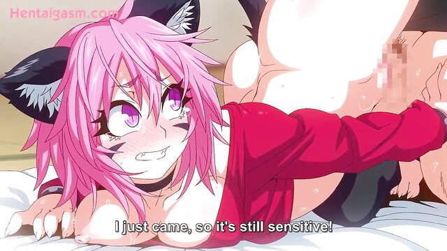 Pink-haired catgirl hentai with cat ears post-orgasm, sensitive pussy exposed