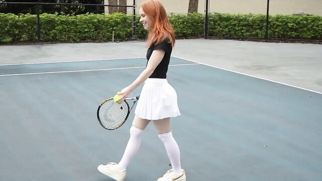 Dolly Little in sexy tennis skirt, thigh high socks on court