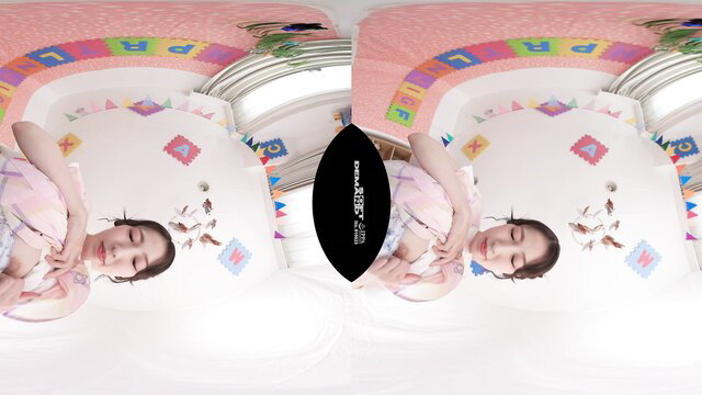 Asian beauty in pink lingerie cuddling toys on nursery playmat VR