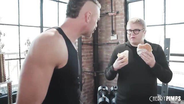 Charles Dera and model eat burgers in gym with Sidra Sage