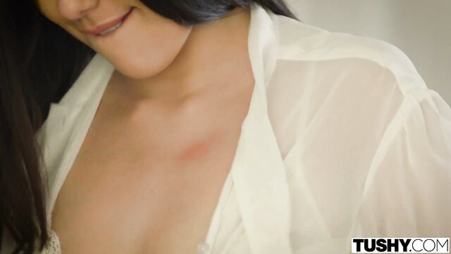Maya Grand in sheer lingerie showing cleavage and neck bruise