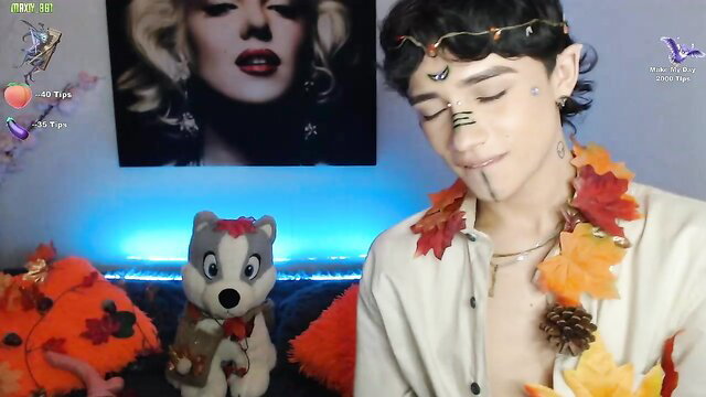 Femboy Maxiy in fall makeup kisses plushie, solo gay maledom tease