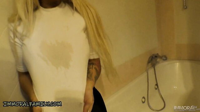 Blonde busty stepmom Kyra Hawt wet t-shirt in bathroom taboo tease