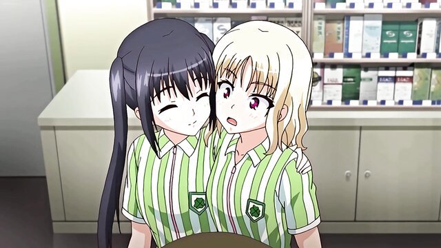 Two cute JK girls in green striped konbini uniforms hugging at counter