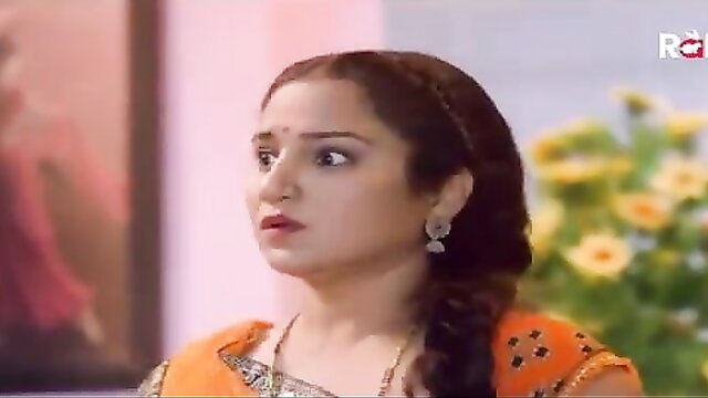 Indian bhabhi in orange saree with braid, surprised expression, Lodam Bhabhi S02
