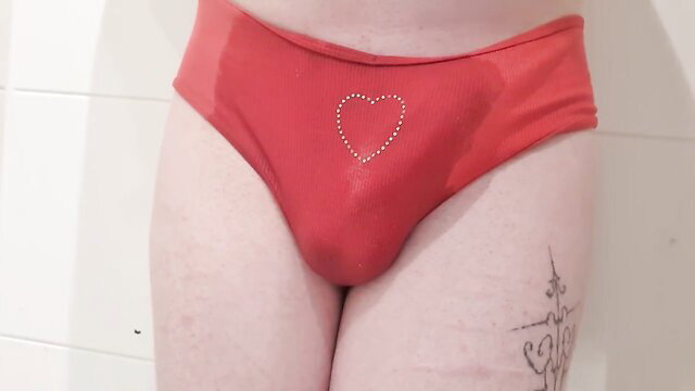 Ivy Lust wetting red heart panties, bulging cameltoe closeup