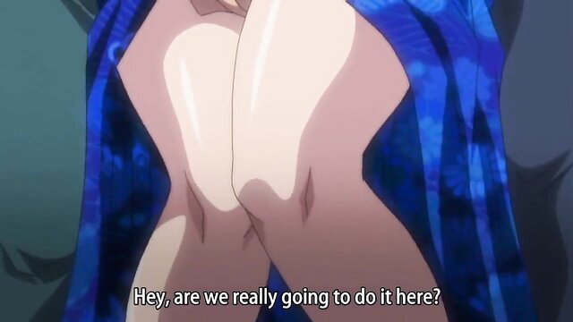Enbi hentai girl in blue robe spreading thighs hesitantly, anime porn